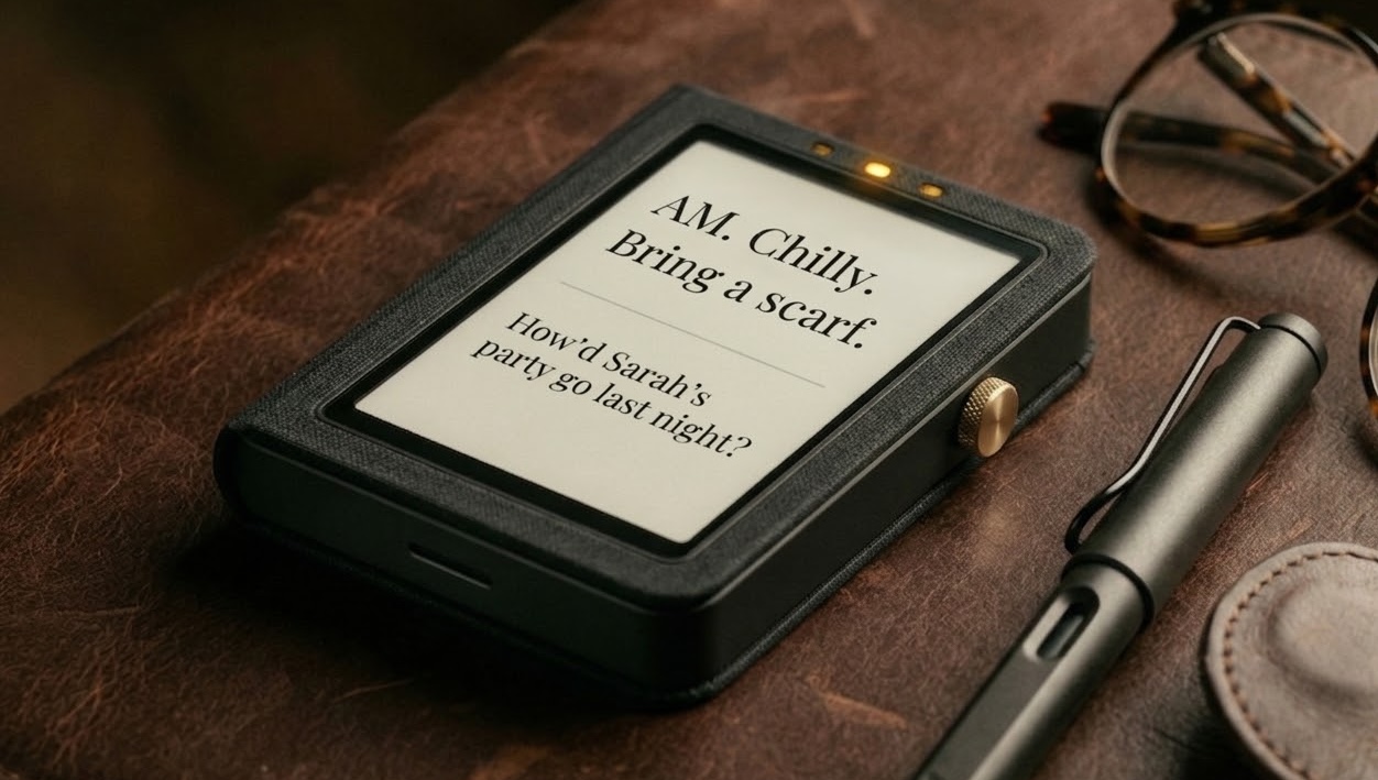 Carl prototype — e-ink device with brass button on leather surface